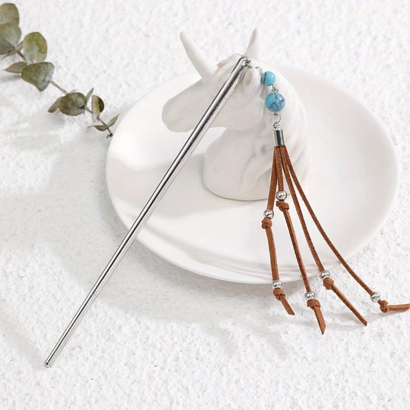 Retro Style Hair Stick With Turquoise Bead Tassel Boho Style Hair Pin