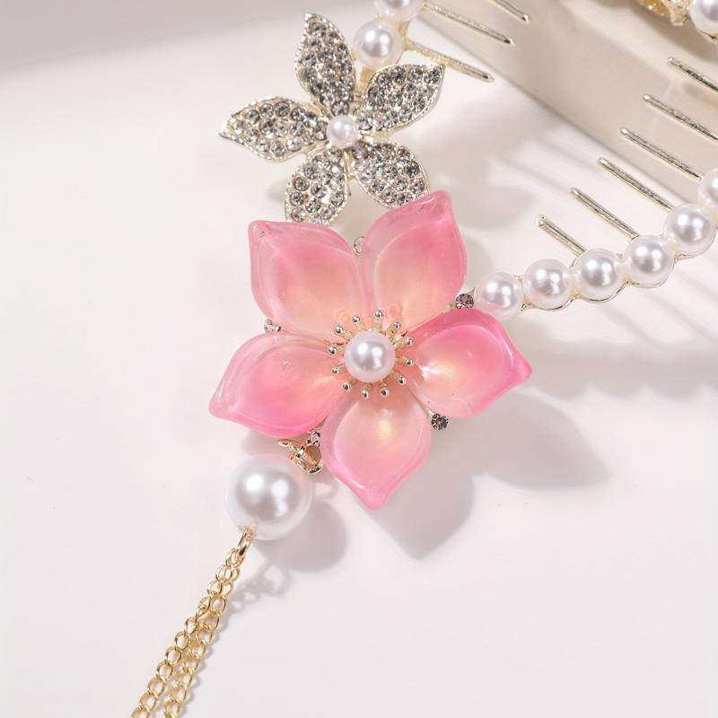 Flower Hair Claw Clip Chain Tassel Faux Pearl Rhinestone Hair Clip