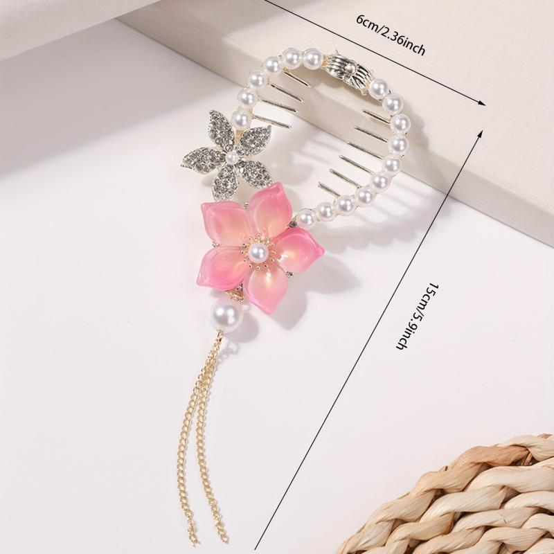 Flower Hair Claw Clip Chain Tassel Faux Pearl Rhinestone Hair Clip