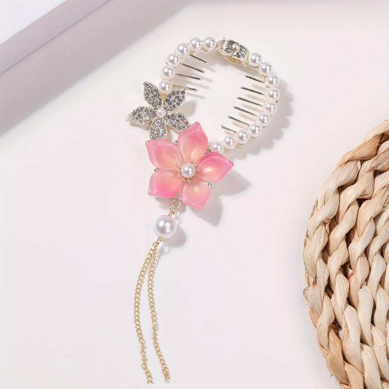 Flower Hair Claw Clip Chain Tassel Faux Pearl Rhinestone Hair Clip
