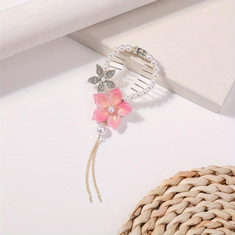 Flower Hair Claw Clip Chain Tassel Faux Pearl Rhinestone Hair Clip