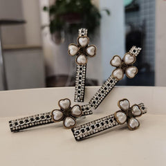 Faux Pearl Lucky Clover Hair Clip Rhinestone Chain Sweet Hair C