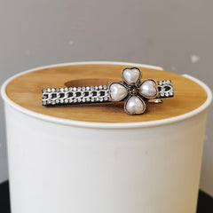 Faux Pearl Lucky Clover Hair Clip Rhinestone Chain Sweet Hair C