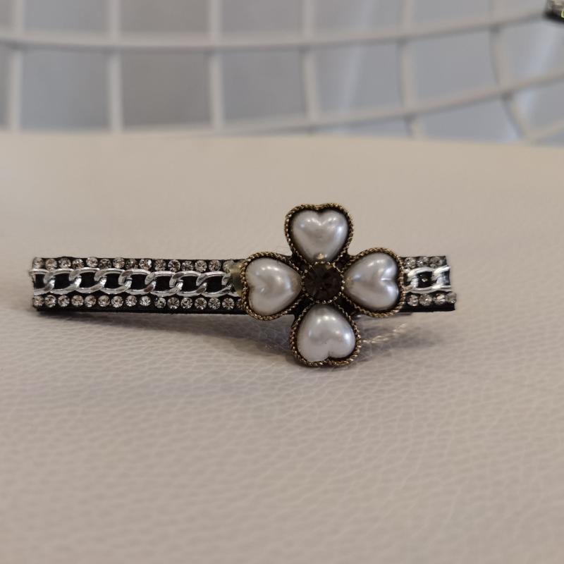 Faux Pearl Lucky Clover Hair Clip Rhinestone Chain Sweet Hair C
