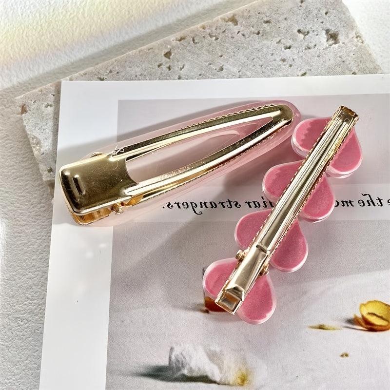 2pcs Jelly Pink Hair Clip Heart Decor Duck Billed Clip For Side Hair Bang