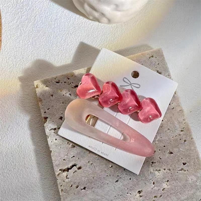 2pcs Jelly Pink Hair Clip Heart Decor Duck Billed Clip For Side Hair Bang