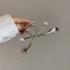 Creative Fork Spoon Shape Hair Claw with Faux Pearl Inlay