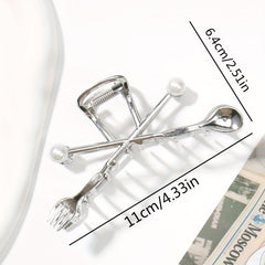 Creative Fork Spoon Shape Hair Claw with Faux Pearl Inlay