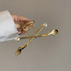 Creative Fork Spoon Shape Hair Claw with Faux Pearl Inlay