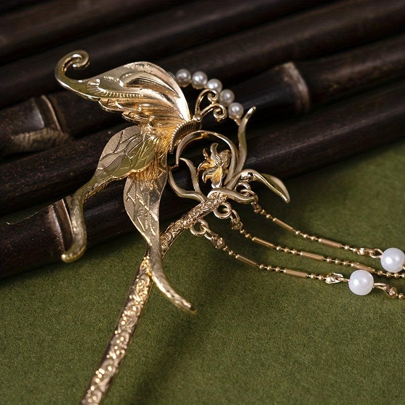 Alloy Butterfly Hairpin Pendant Hair Stick Faux Pearl Head Jewelry