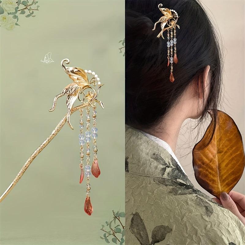 Alloy Butterfly Hairpin Pendant Hair Stick Faux Pearl Head Jewelry