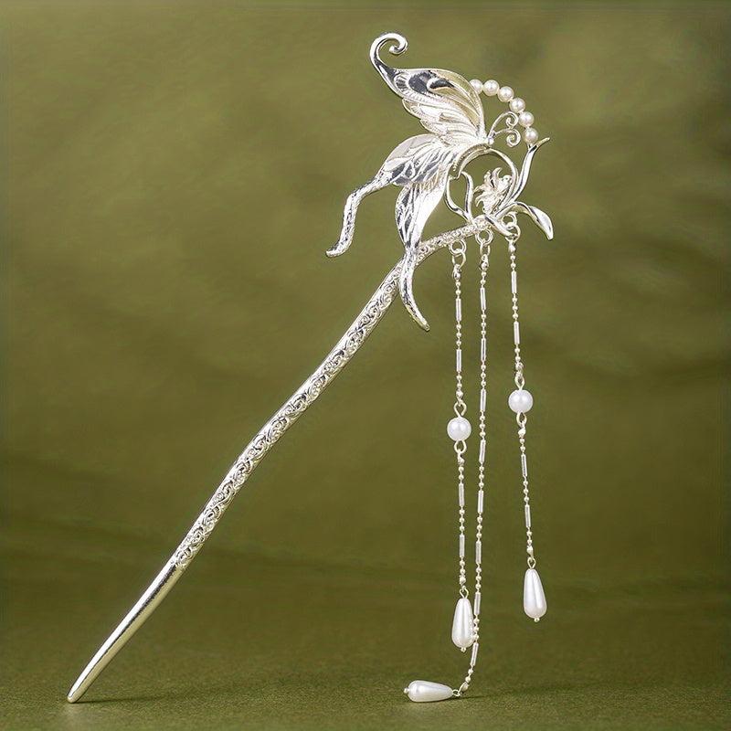 Alloy Butterfly Hairpin Pendant Hair Stick Faux Pearl Head Jewelry