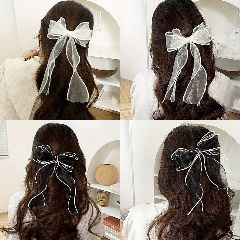 Organza Bow Hair Clip Pearl French Barrett Back Head