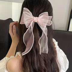 Organza Bow Hair Clip Pearl French Barrett Back Head