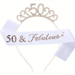 Rhinestone Headband Birthday Party Tiara With Silky Belt Head Jewelry