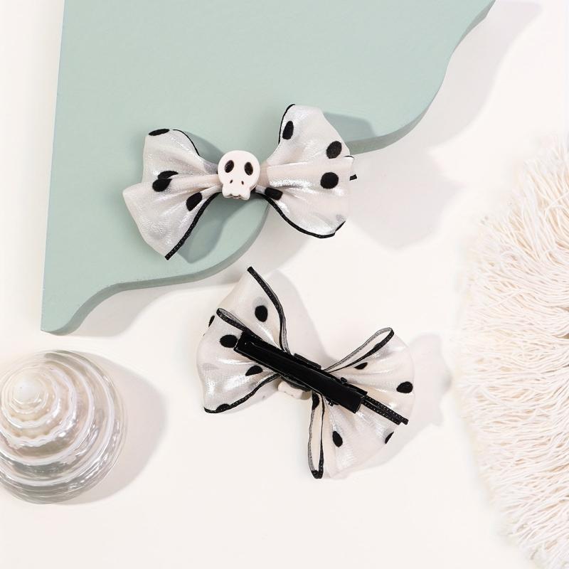 2pcs Polka Dot Bow Hair Clip with Skull Decor