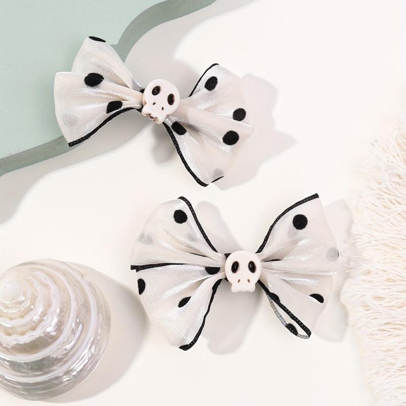 2pcs Polka Dot Bow Hair Clip with Skull Decor