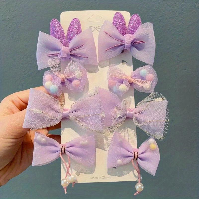 8pcs Purple Mesh Bow Hair Clip with Faux Pearl for Baby Girls