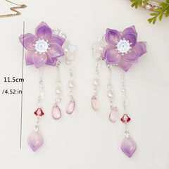 Girls Purple Tassel Flower Hair Clips, Resin Beads Hair Accessories
