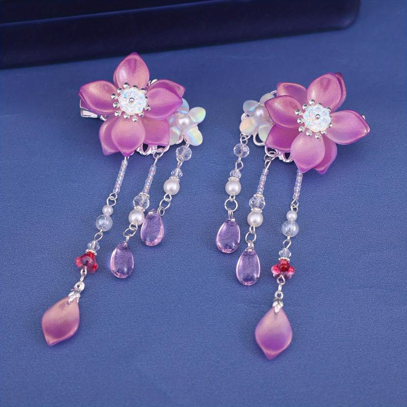 Girls Purple Tassel Flower Hair Clips, Resin Beads Hair Accessories