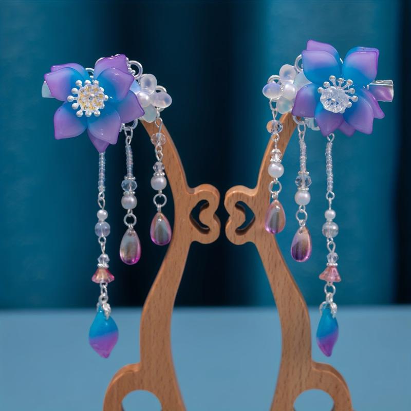 Girls Purple Tassel Flower Hair Clips, Resin Beads Hair Accessories