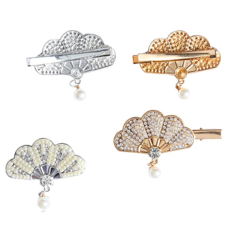 Rhinestone Fan Shape Hair Clip with Faux Pearl Head