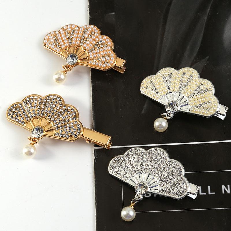 Rhinestone Fan Shape Hair Clip with Faux Pearl Head
