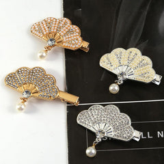 Rhinestone Fan Shape Hair Clip with Faux Pearl Head