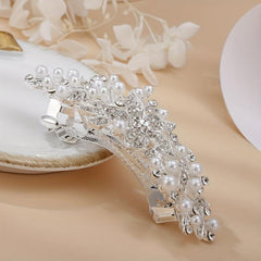 Silver Faux Pearl Leaf Hair Clip Non-Slip Barrette Rhinestone Head Jewelry