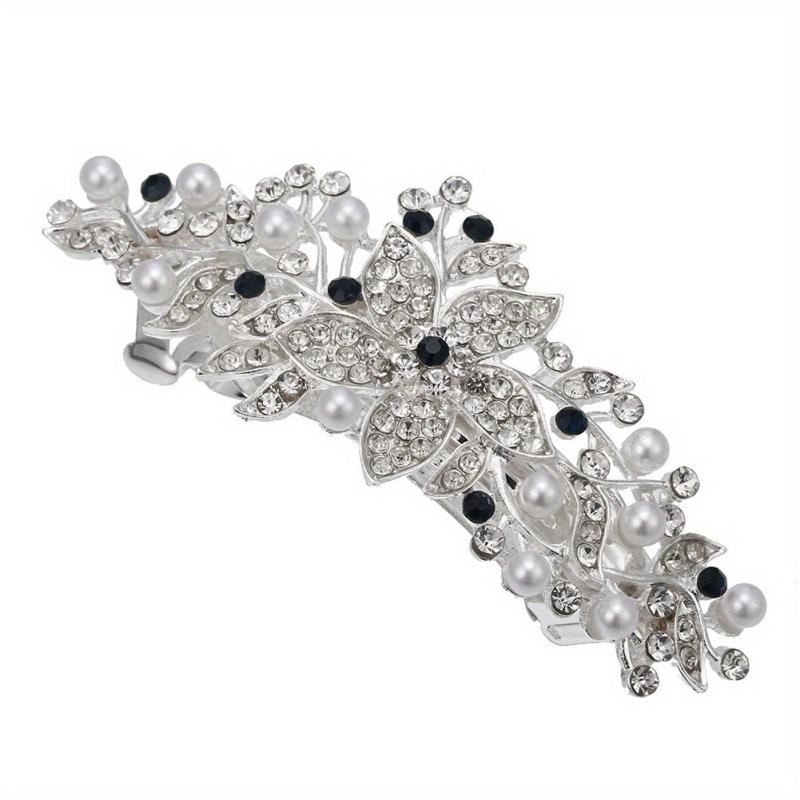 Silver Faux Pearl Leaf Hair Clip Non-Slip Barrette Rhinestone Head Jewelry