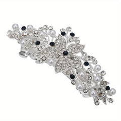 Silver Faux Pearl Leaf Hair Clip Non-Slip Barrette Rhinestone Head Jewelry