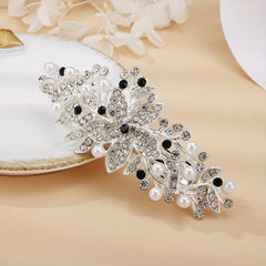 Silver Faux Pearl Leaf Hair Clip Non-Slip Barrette Rhinestone Head Jewelry