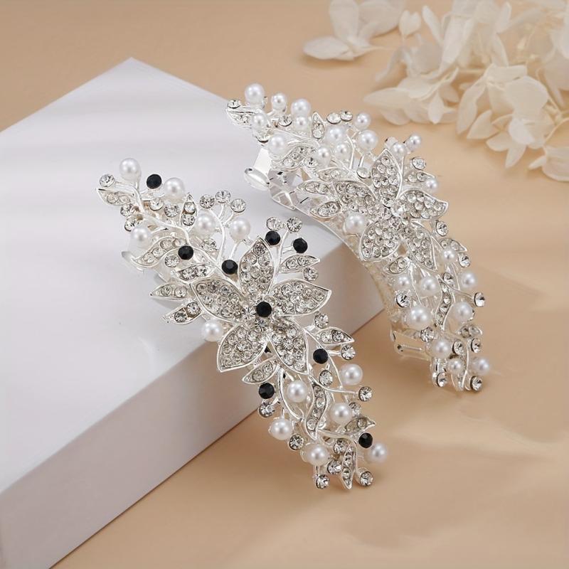 Silver Faux Pearl Leaf Hair Clip Non-Slip Barrette Rhinestone Head Jewelry