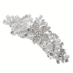 Silver Faux Pearl Leaf Hair Clip Non-Slip Barrette Rhinestone Head Jewelry