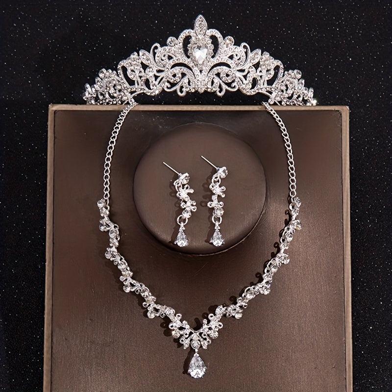 Baroque Style Crystal Crown Rhinestone Necklace Earrings Set