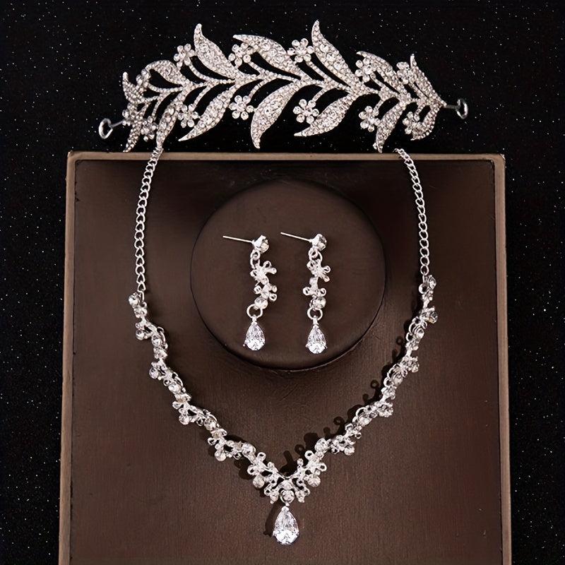 Baroque Style Crystal Crown Rhinestone Necklace Earrings Set