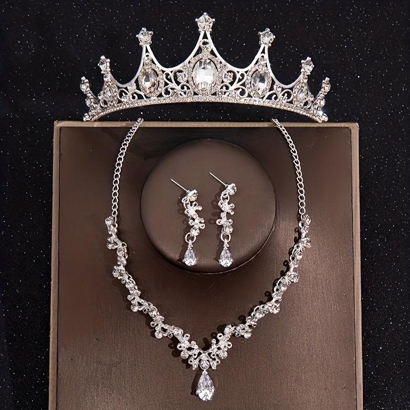 Baroque Style Crystal Crown Rhinestone Necklace Earrings Set