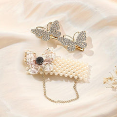 2pcs Butterfly Hair Clip Faux Pearl Duck Billed Clip Metal For Women Girls
