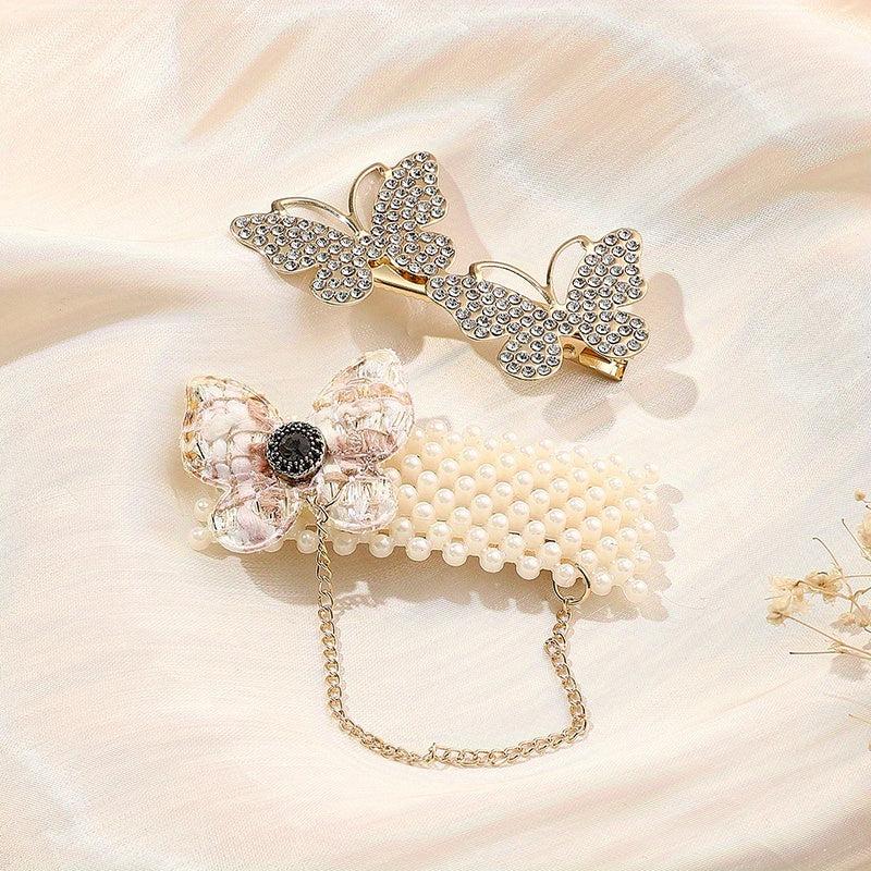2pcs Butterfly Hair Clip Faux Pearl Duck Billed Clip Metal For Women Girls