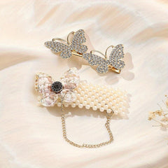 2pcs Butterfly Hair Clip Faux Pearl Duck Billed Clip Metal For Women Girls