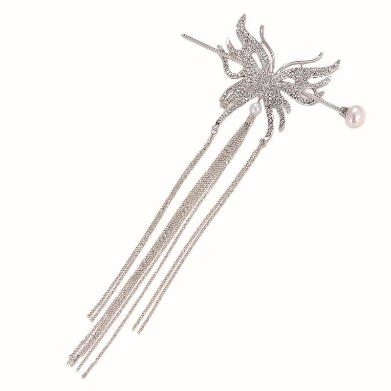 Metal Butterfly Hairpin Tassel Rhinestone Hair Stick