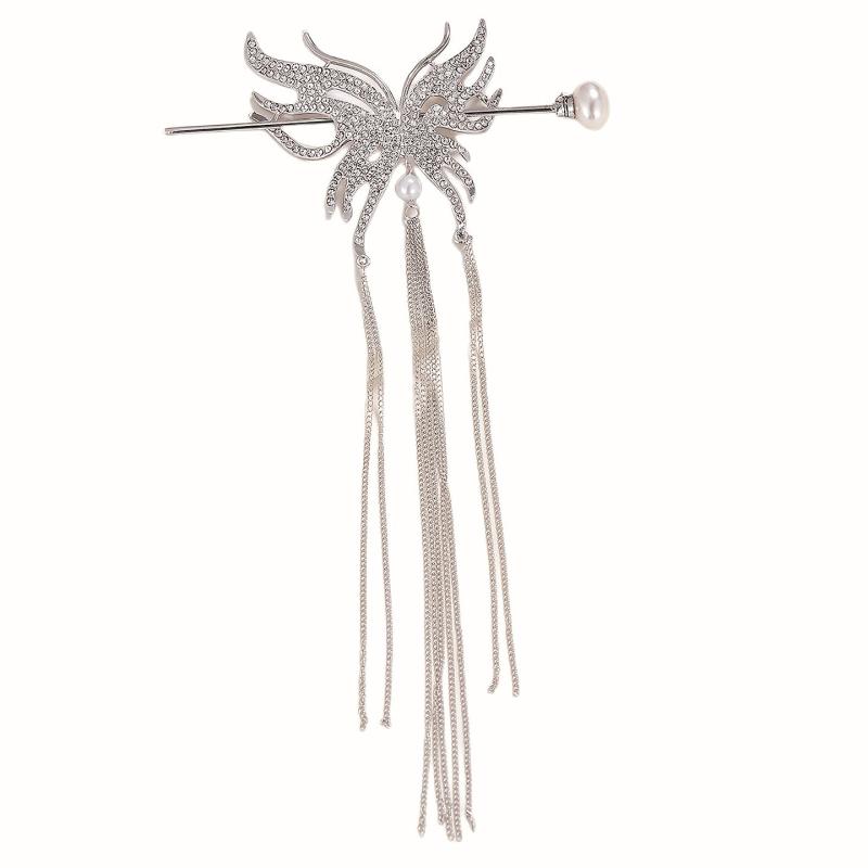 Metal Butterfly Hairpin Tassel Rhinestone Hair Stick