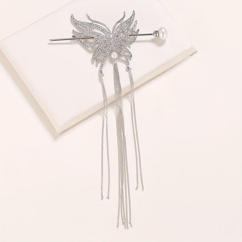 Metal Butterfly Hairpin Tassel Rhinestone Hair Stick
