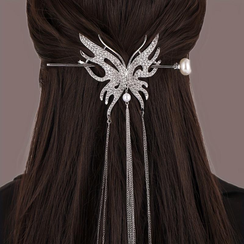 Metal Butterfly Hairpin Tassel Rhinestone Hair Stick