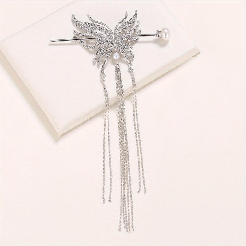 Metal Butterfly Hairpin Tassel Rhinestone Hair Stick