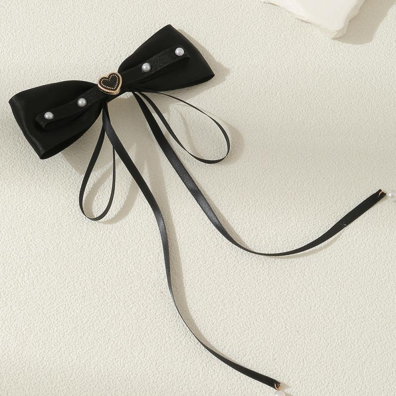 Bow Hair Clip Ribbon Bow Duck Billed Clip With Faux Pearl Tassel Hair Clip