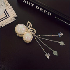 Faux Pearl Cherry Hair Claw Chain Tassel Nonslip Claw for Women Girls