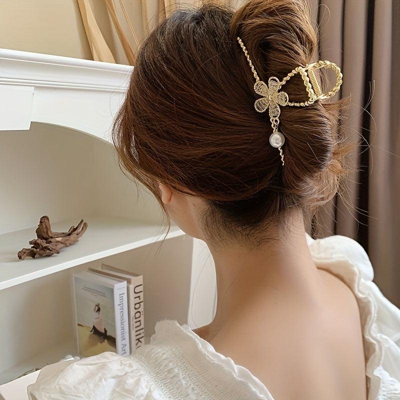 Alloy Hair Claw Clip Beaded Flower Faux Pearl Hair Claw Nonslip Shark Claw