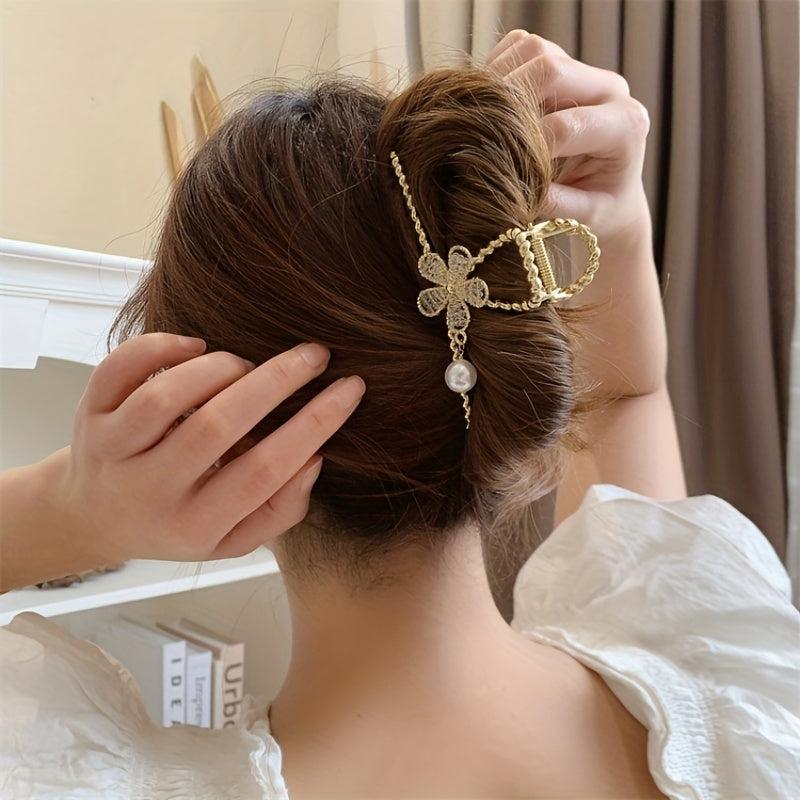 Alloy Hair Claw Clip Beaded Flower Faux Pearl Hair Claw Nonslip Shark Claw