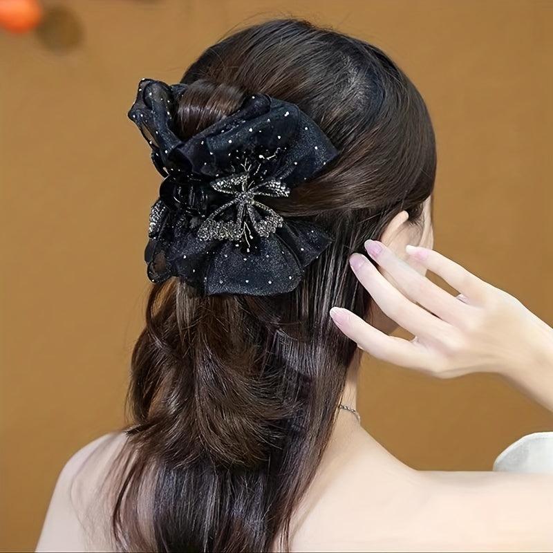 Organza Bow Hair Claw Rhinestone Butterfly Hair Claw for Ponytail